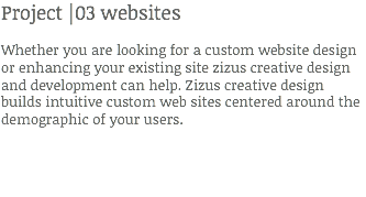 Project |03 websites Whether you are looking for a custom website design or enhancing your existing site zizus creative design and development can help. Zizus creative design builds intuitive custom web sites centered around the demographic of your users.